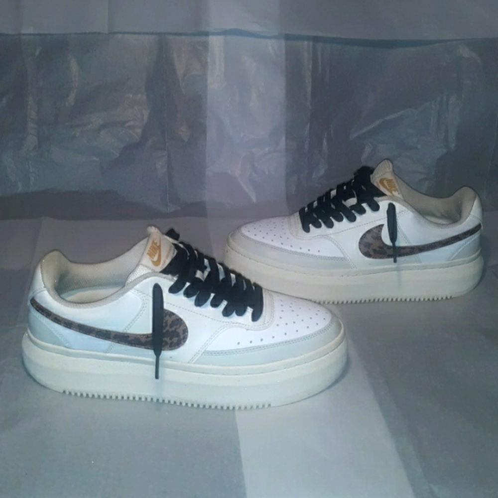Nike White and Black Sneakers with Leopard Print